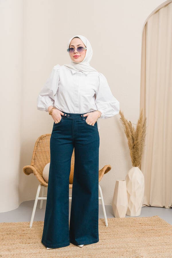 1067-Denim Bol Paça Pantolon Petrol
