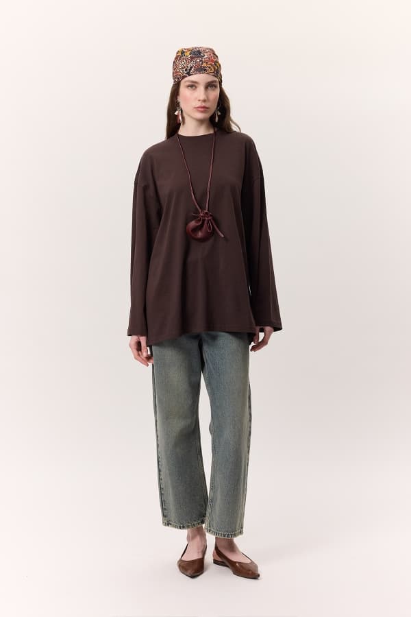 GENİŞ KOL OVERSIZE TSHIRT ACI KAHVE