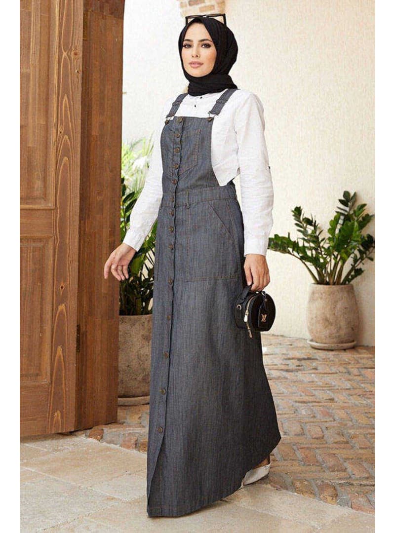 Denim Salopet Etek 2226 Gri