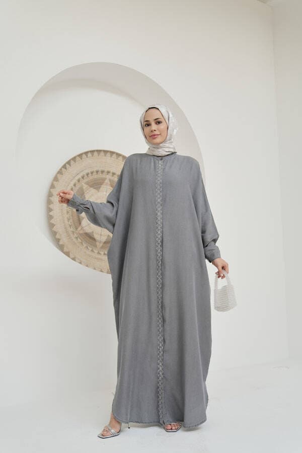 6571-Taşlı Tensel  Abaya Gri