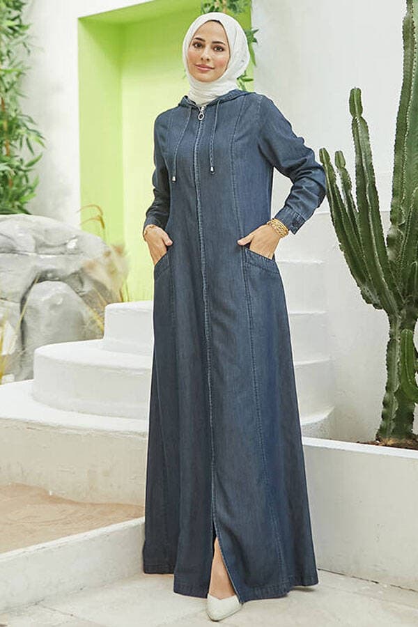 6463-Denim Kapşonlu Ferace Lacivert