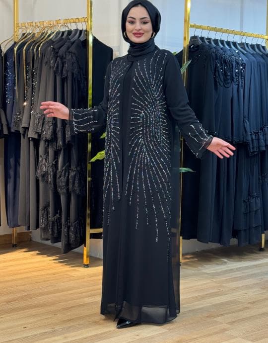 Bayan Siyah 5032  Ön Şifon Dökme Taşlı Abiye 6242