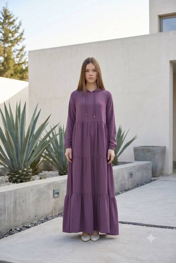 6531-Krep Kapşonlu Reglan Kollu Elbise Koyu Lila