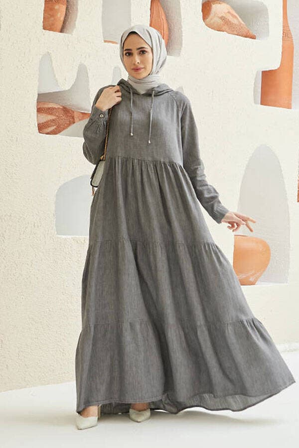 6531-Denim Kapşonlu Reglan Kollu Elbise Gri