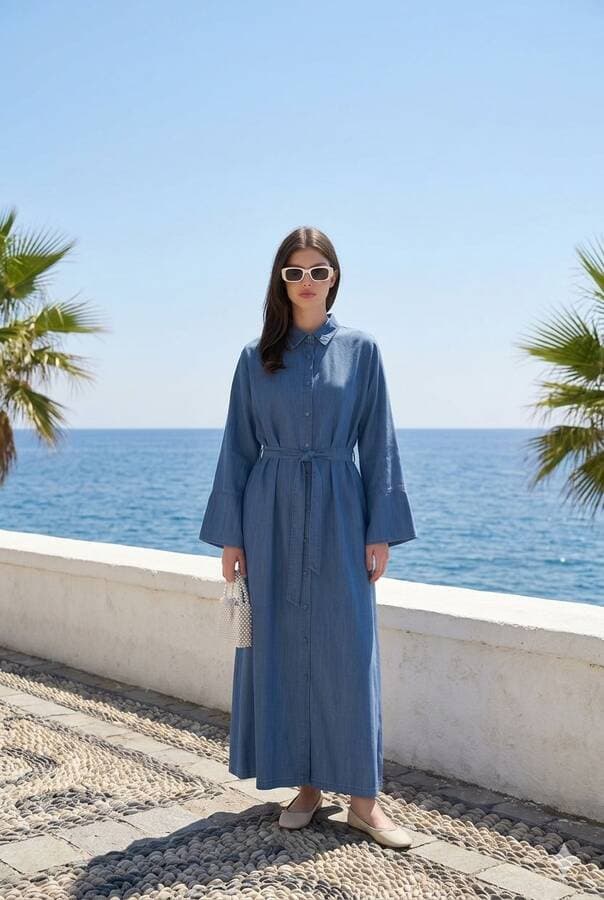 6596-Denim Düğmeli Süs Kuşaklı Abaya Koyu Mavi
