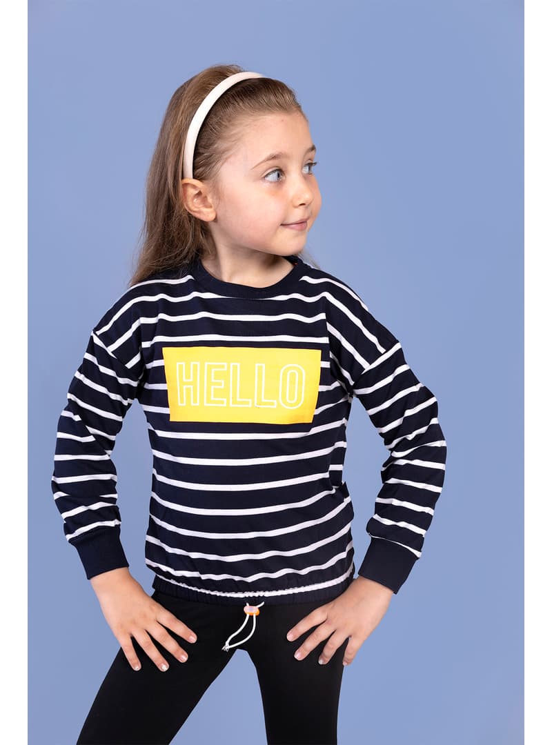 Kız Çocuk Çizgili Hello Baskılı Sweatshirt Lacivert