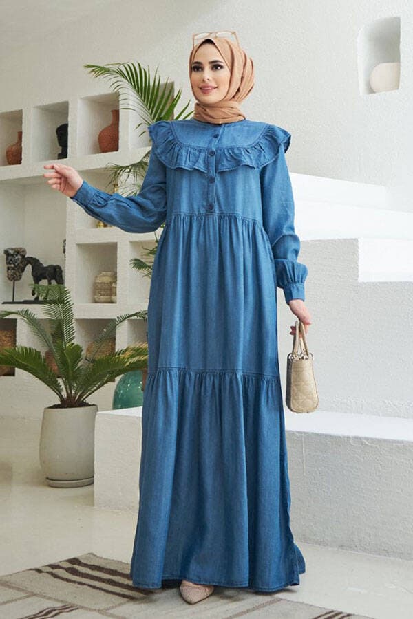 6594-Denim Fırfırlı Tensel Elbise Koyu Mavi