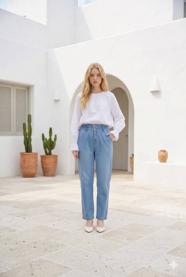 1159-Denim Kemeri Lastikli Yüksek Bel Pantolon Mavi