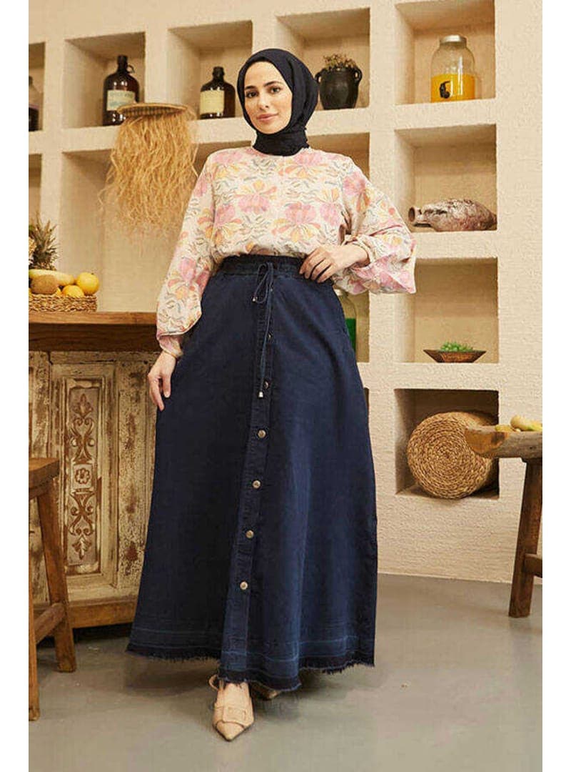 Mevlana Kesim Düğmeli Denim Etek Lacivert