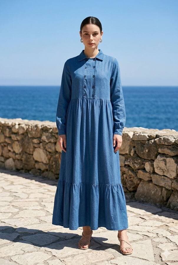6593- Denim Tensel Elbise Koyu Mavi