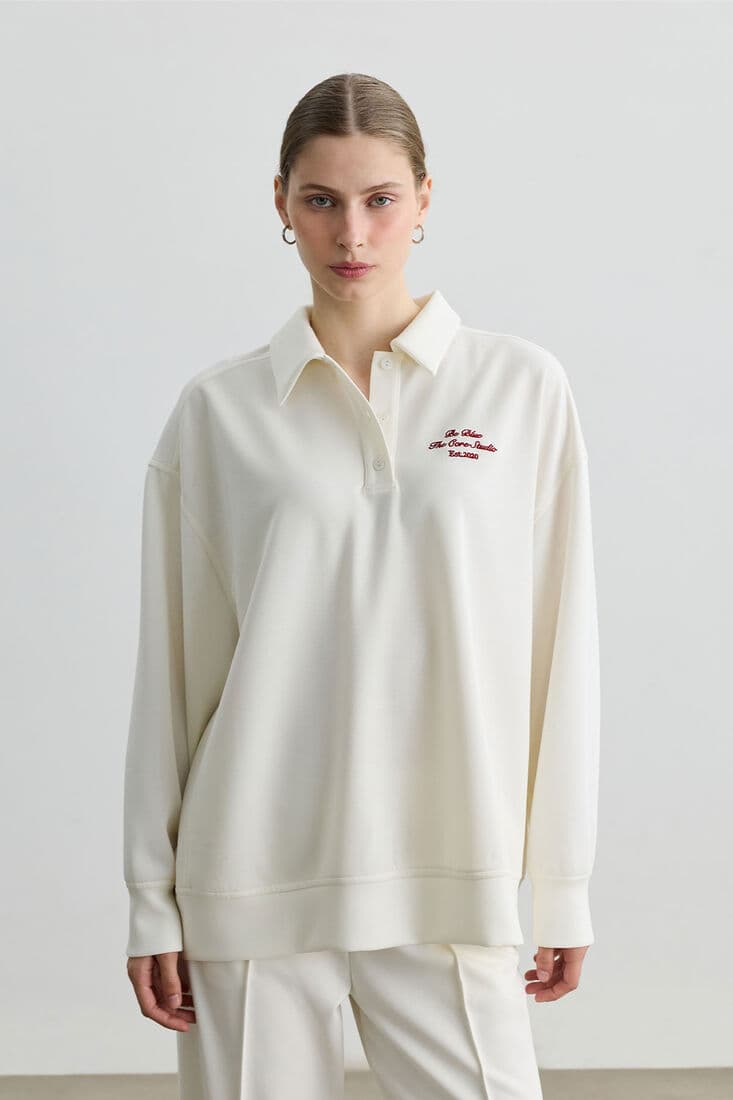 EKRU POLO YAKA İNCE SWEATSHIRT