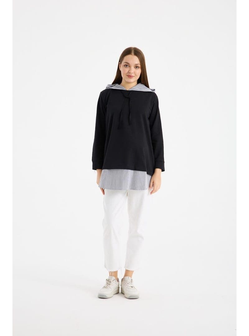 Çizgili Kapüşonlu Hamile Sweatshirt Siyah