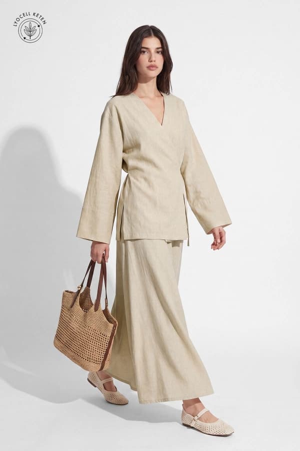 Lyocell Keten Kimono Kum Beji Etekli Takım