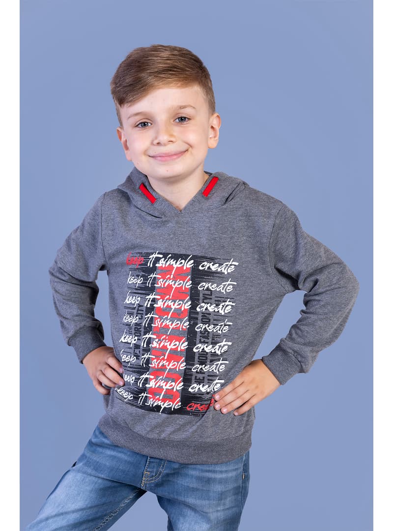 Kapüşonlu Baskılı Sweatshirt - Antrasit Melanj