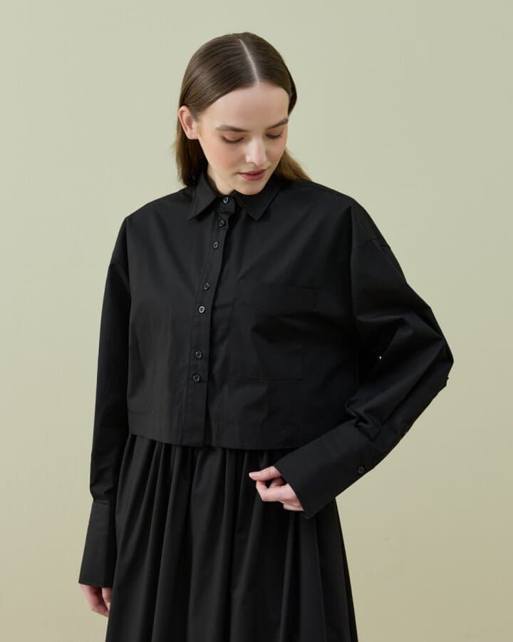 Poplin Kısa Crop Cepli Gömlek Siyah