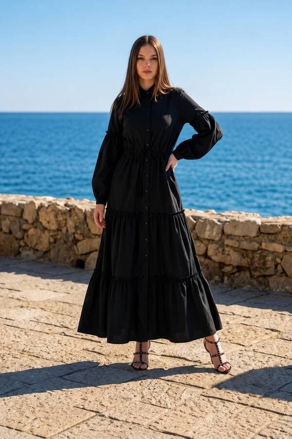 6567-Carla Büzgülü Elbise Siyah