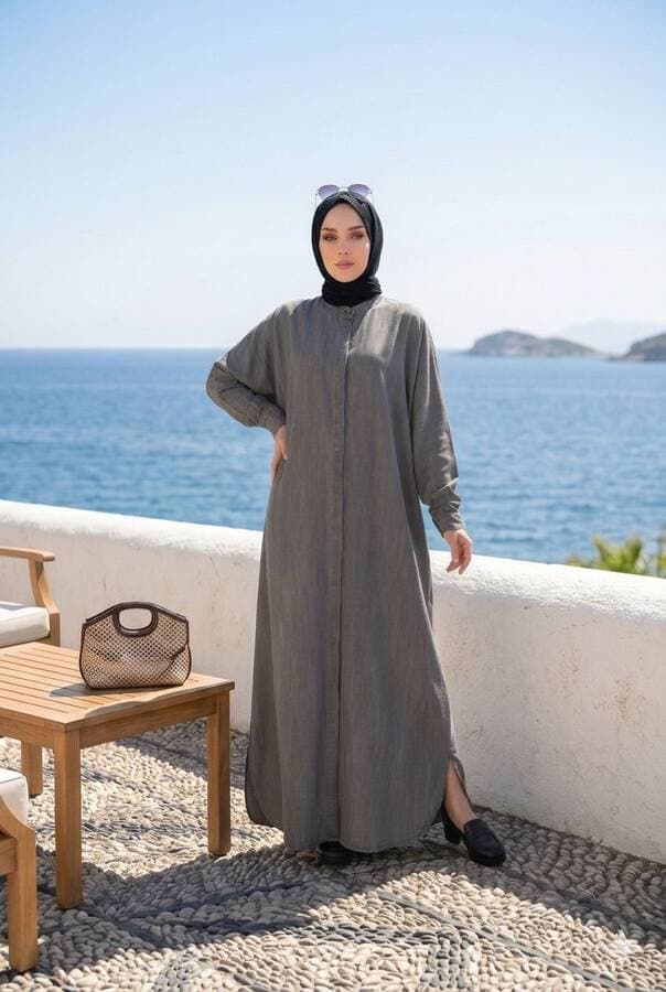 6571-Denim Tensel Abaya Gri