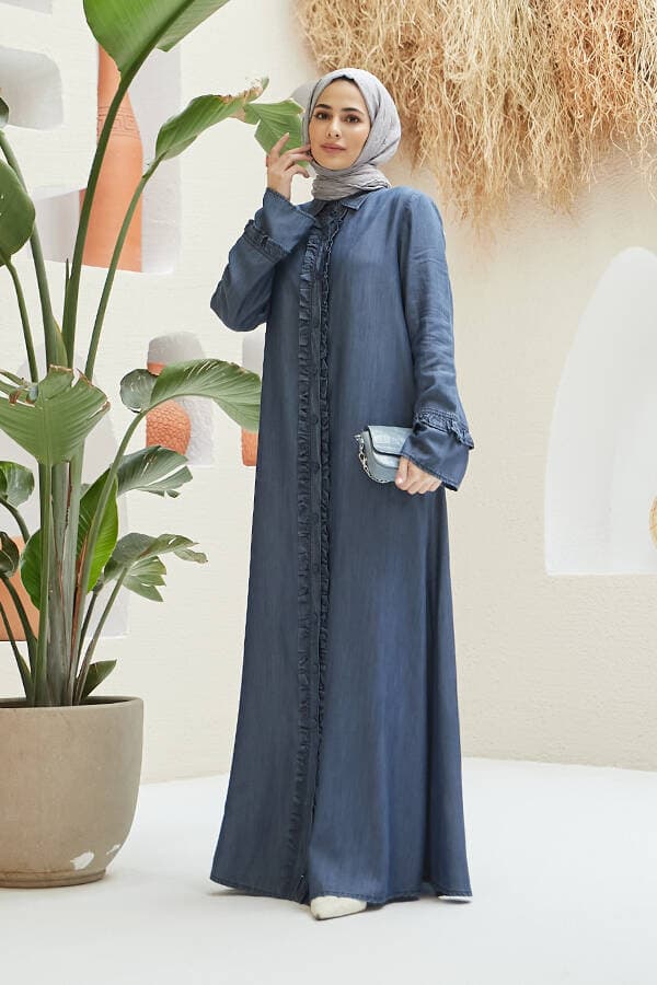 6615-Denim Fırfırlı Ferace Koyu Mavi