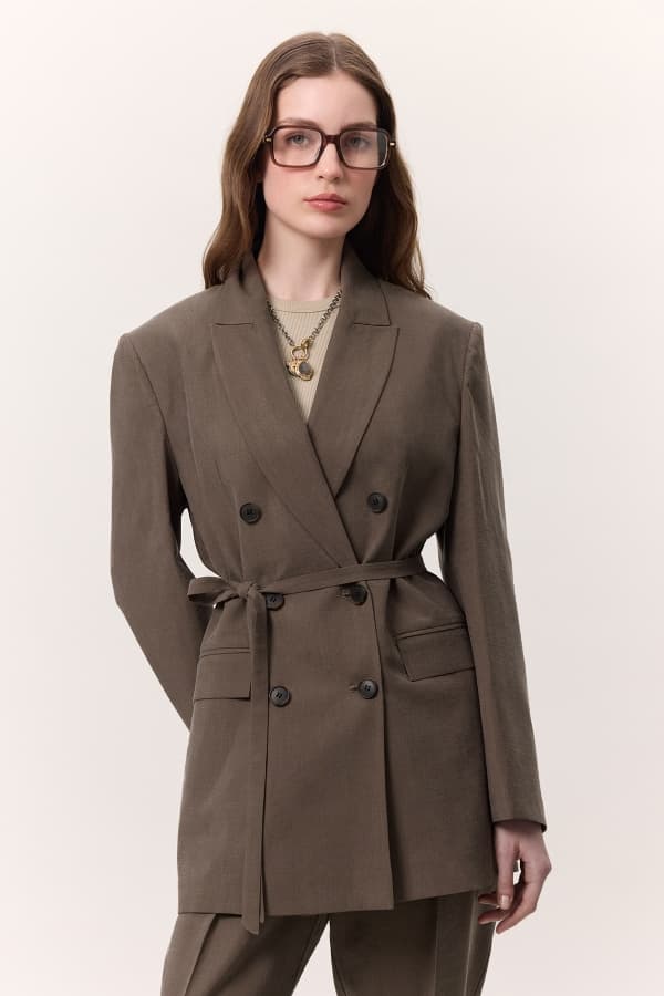 TENCEL KEMERLİ KRUVAZE BLAZER CEKET KAHVERENGİ