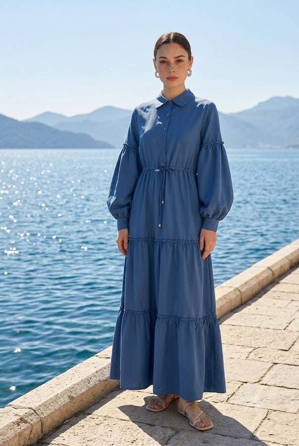 6567-Carla Büzgülü Elbise İndigo