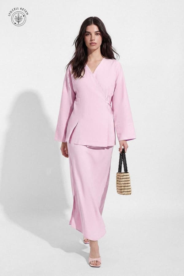 Lyocell Keten Kimono Pastel Pembe Etekli Takım