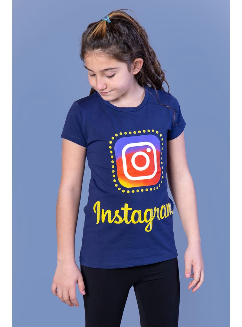 Kız Çocuk Instagram Baskılı Tişört - Lacivert