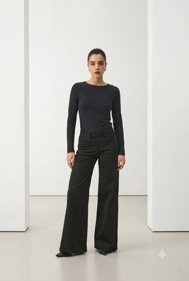 1067-Denim Bol Paça Pantolon Siyah