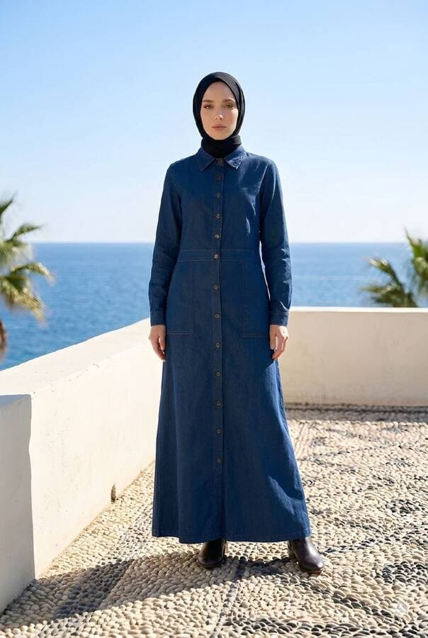 6573-Denim Düğmeli Elbise Koyu Mavi