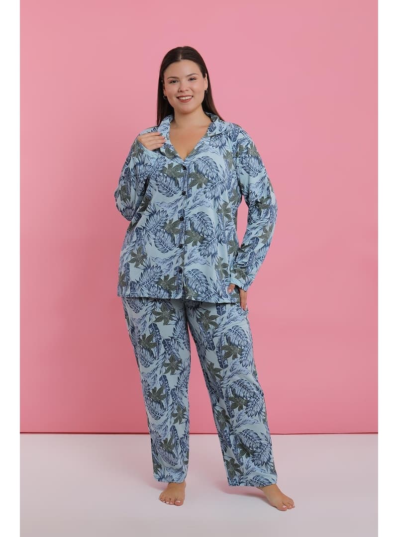 Büyük Beden Tropikal Desenli Pijama Takımı Mavi