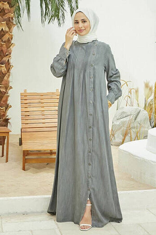 6508-Denim Yandan Düğmeli Ferace Gri