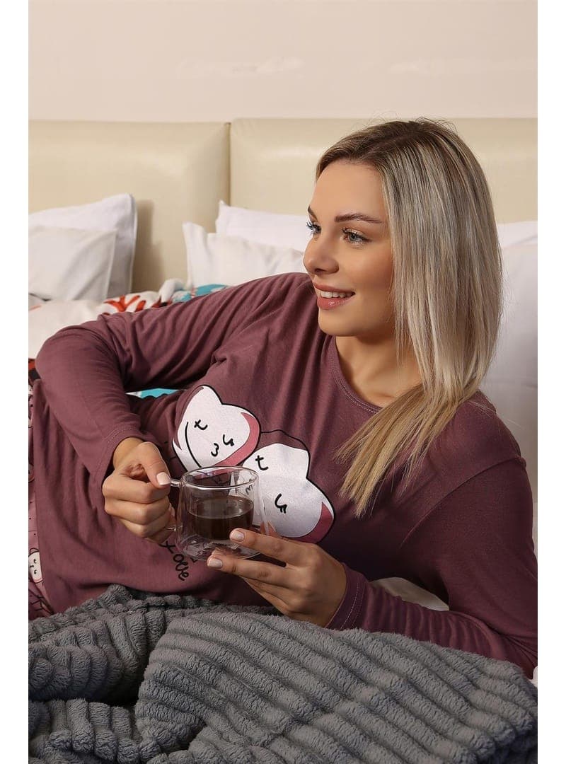 Kadın Penye Uzun Kol Pijama Takımı Kalp Baskılı