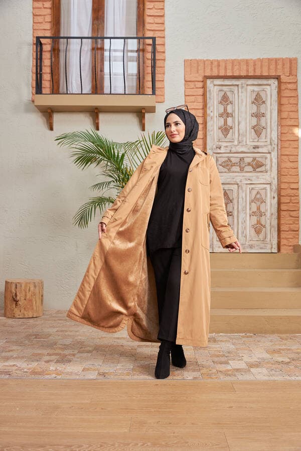 6538-Kürklü Trençkot Camel