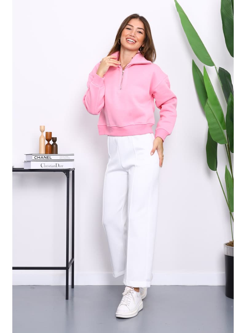 Pembe Fermuarlı Crop Sweat