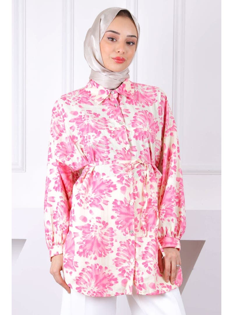 Pembe Desenli Düğmeli Gömlek Pembe