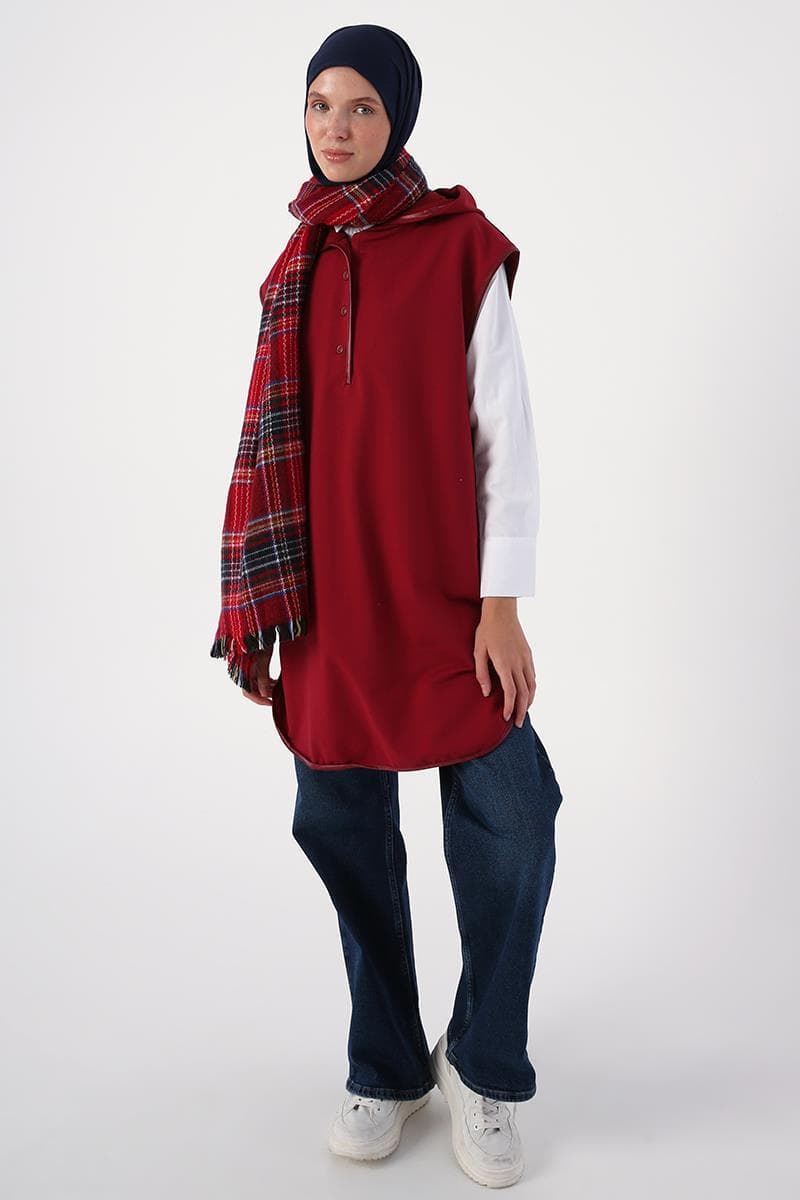 Koyu Bordo-Yarım Patlı Kapüşonlu Likralı Örme Süveter