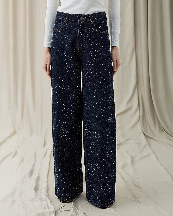 Taşlı Baggy Fit Jean Lacivert