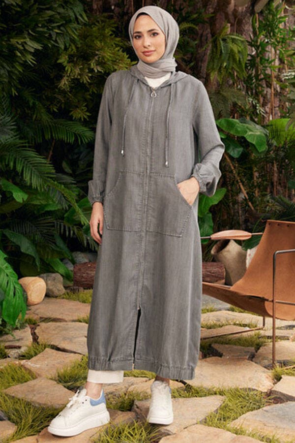 6475-Denim Kapşonlu fermuarlı  tunik Gri