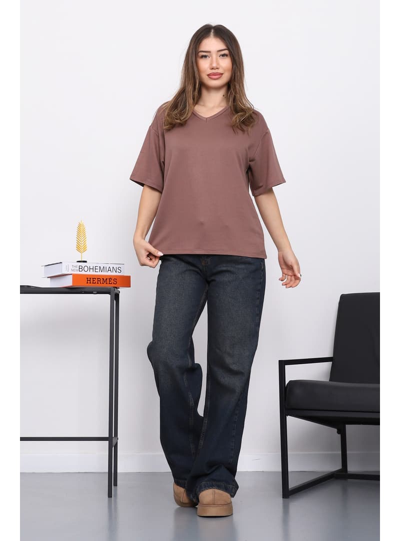 V Yaka Modal T-Shirt Kahverengi