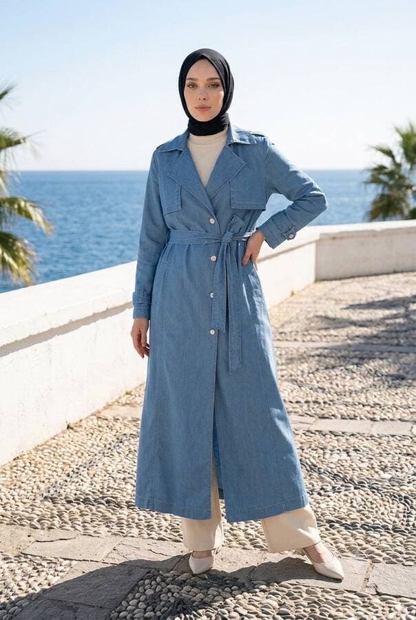 6458-Uzun Denim Trençkot Mavi