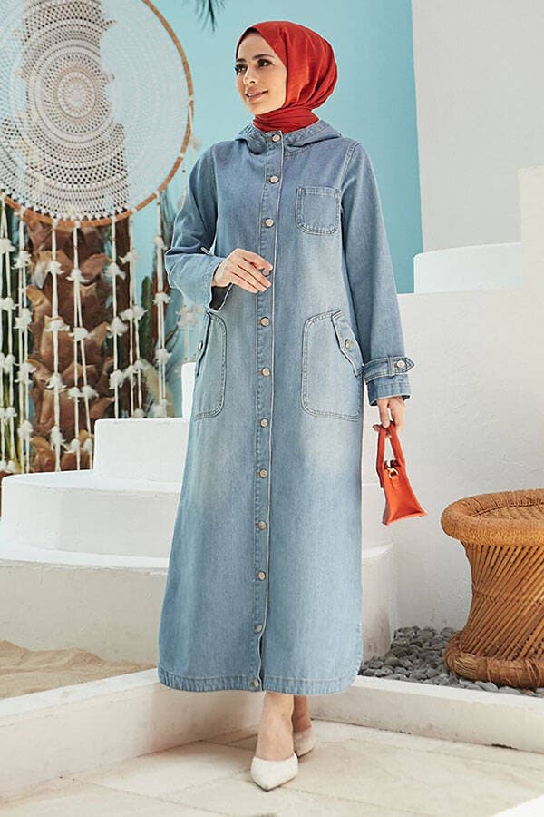 6329-Denim Kapşonlu  kap Mavi
