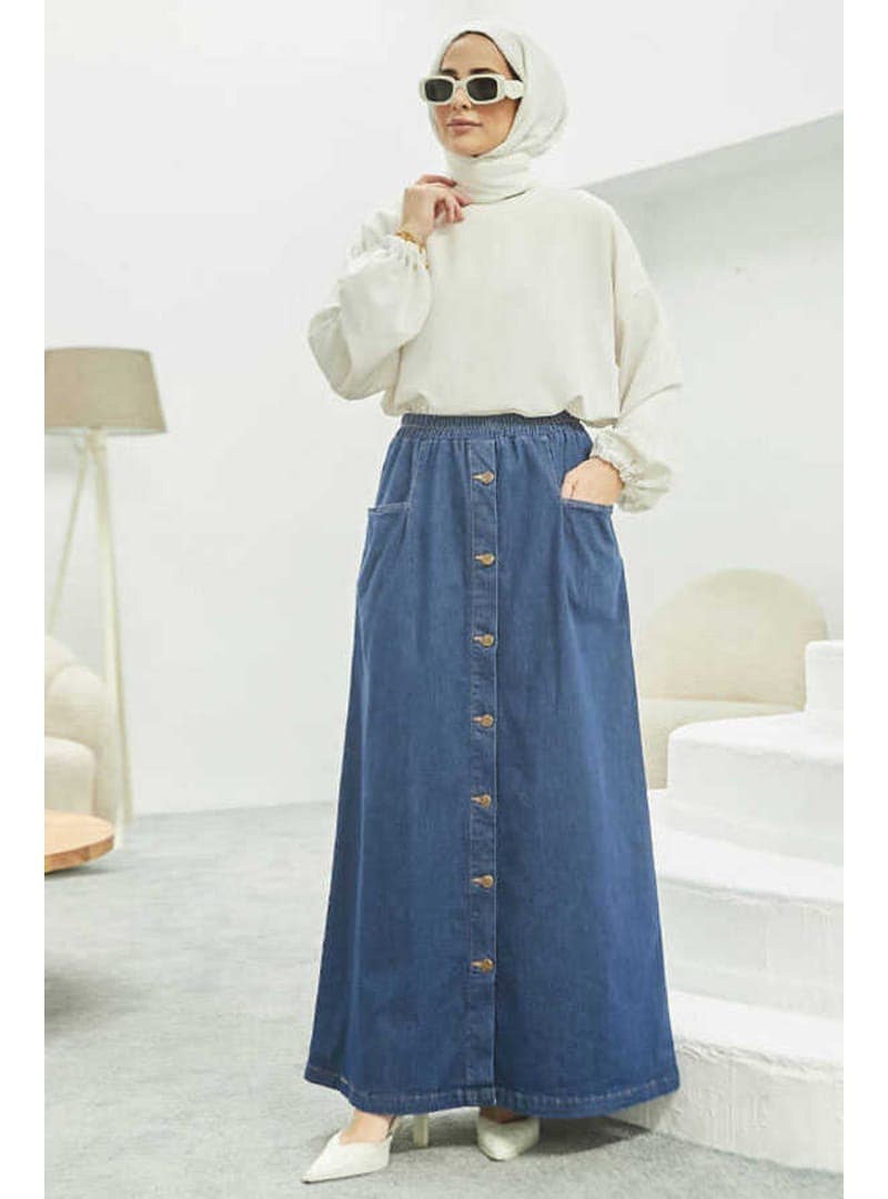 Düğmeli Pileli Denim Etek Koyu Mavi