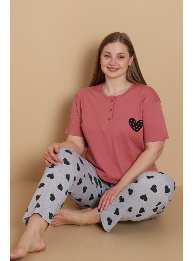 Mirano 4515 Kalpli Kısa Kollu Pamuklu Penye Büyük Beden Pijama Takımı