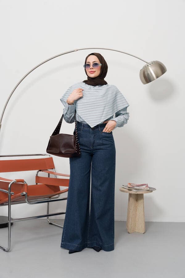 1165-Denim Bol Paça Pantolon Koyu Mavi