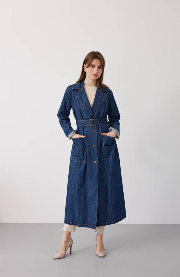 6655-Kuşaklı Denim Ceket Koyu Mavi