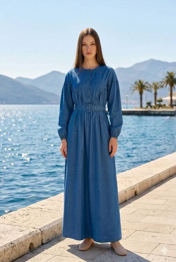 6586-Denim Büzgülü  Elbise Koyu Mavi