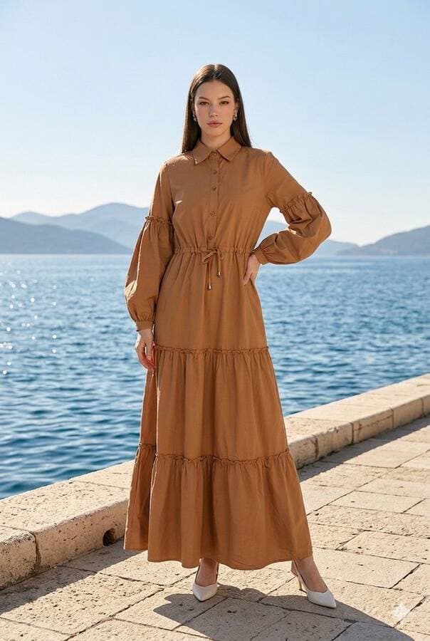 6567-Carla Büzgülü Elbise Camel