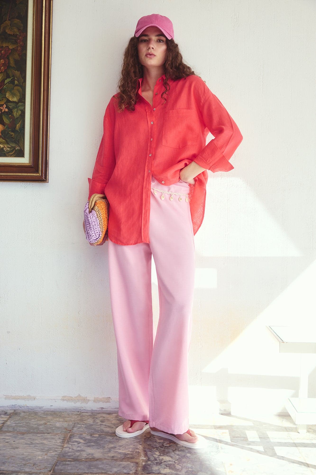 LINEN-TEXTURED STRAIGHT LEG PANTS