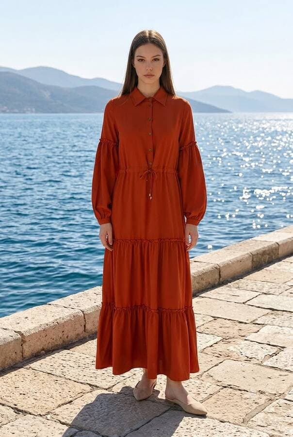 6567-Carla Büzgülü Elbise Tarçın