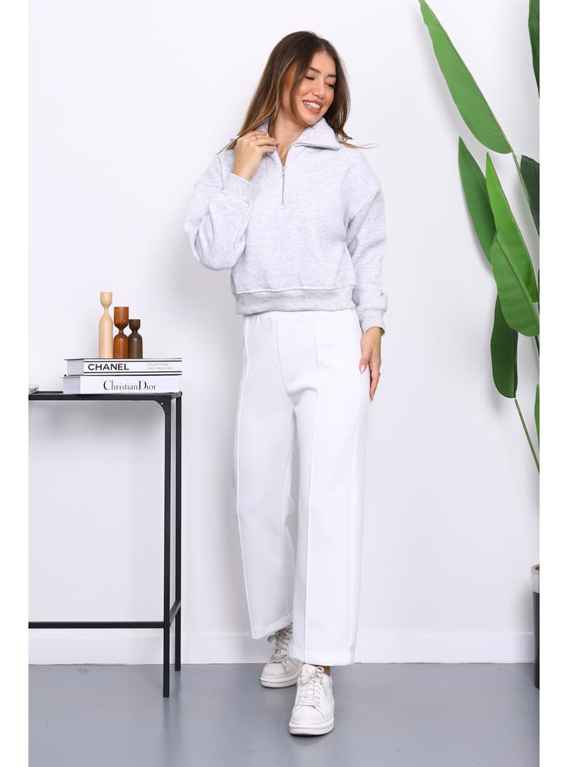 Gri Fermuarlı Crop Sweatshirt Gri