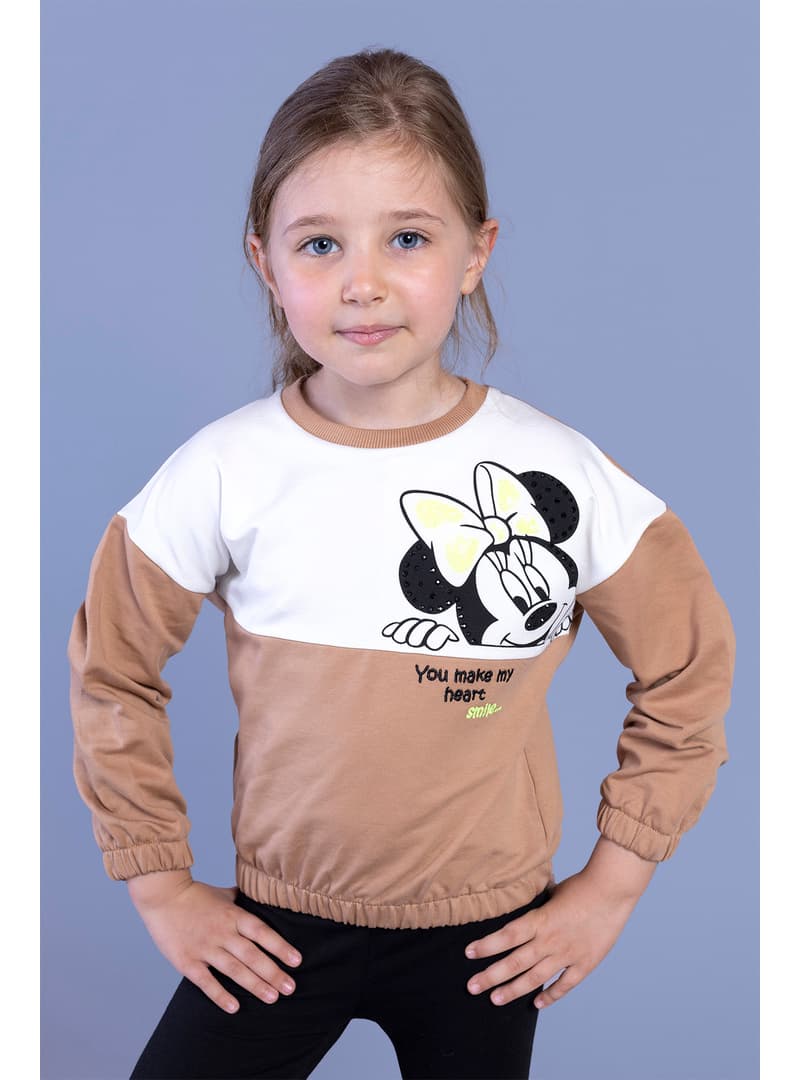 Kız Çocuk Baskılı Sweatshirt Kahverengi